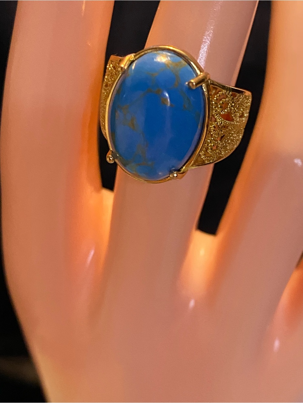 ✨💙👑 Desert Crown Mojave Turquoise Ring | Gold Filigree Statement Sz 8
